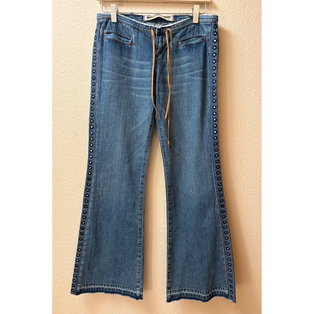 Vintage Y2K Express Flare Jeans Low Rise Grommet Studded Side Stripe Leather Tie